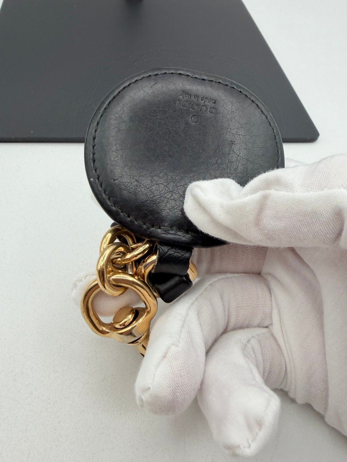 Pre-Owned Gucci Black Leather Interlocking G Keychain Charm