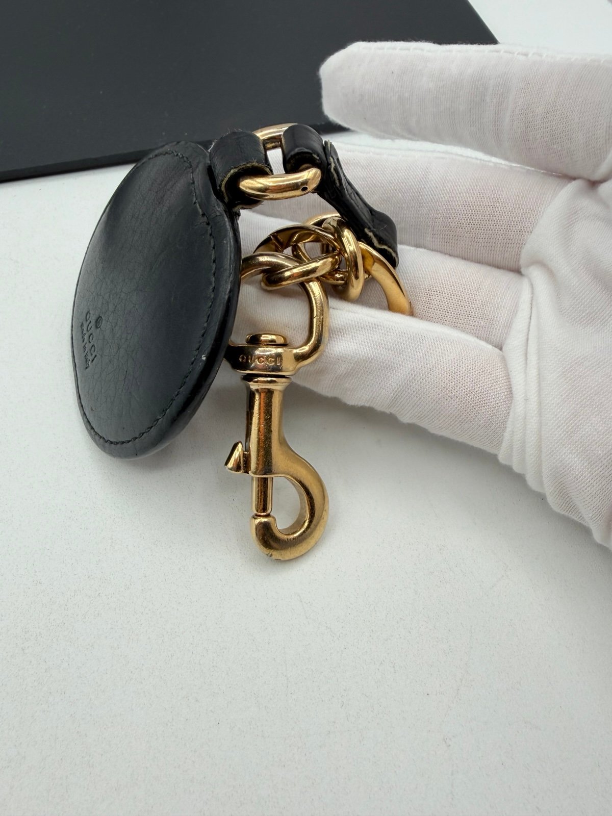 Pre-Owned Gucci Black Leather Interlocking G Keychain Charm