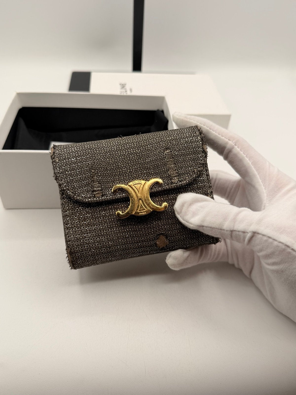 Pre-Owned Celine Triomphe Small Wallet in Metallic Tweed