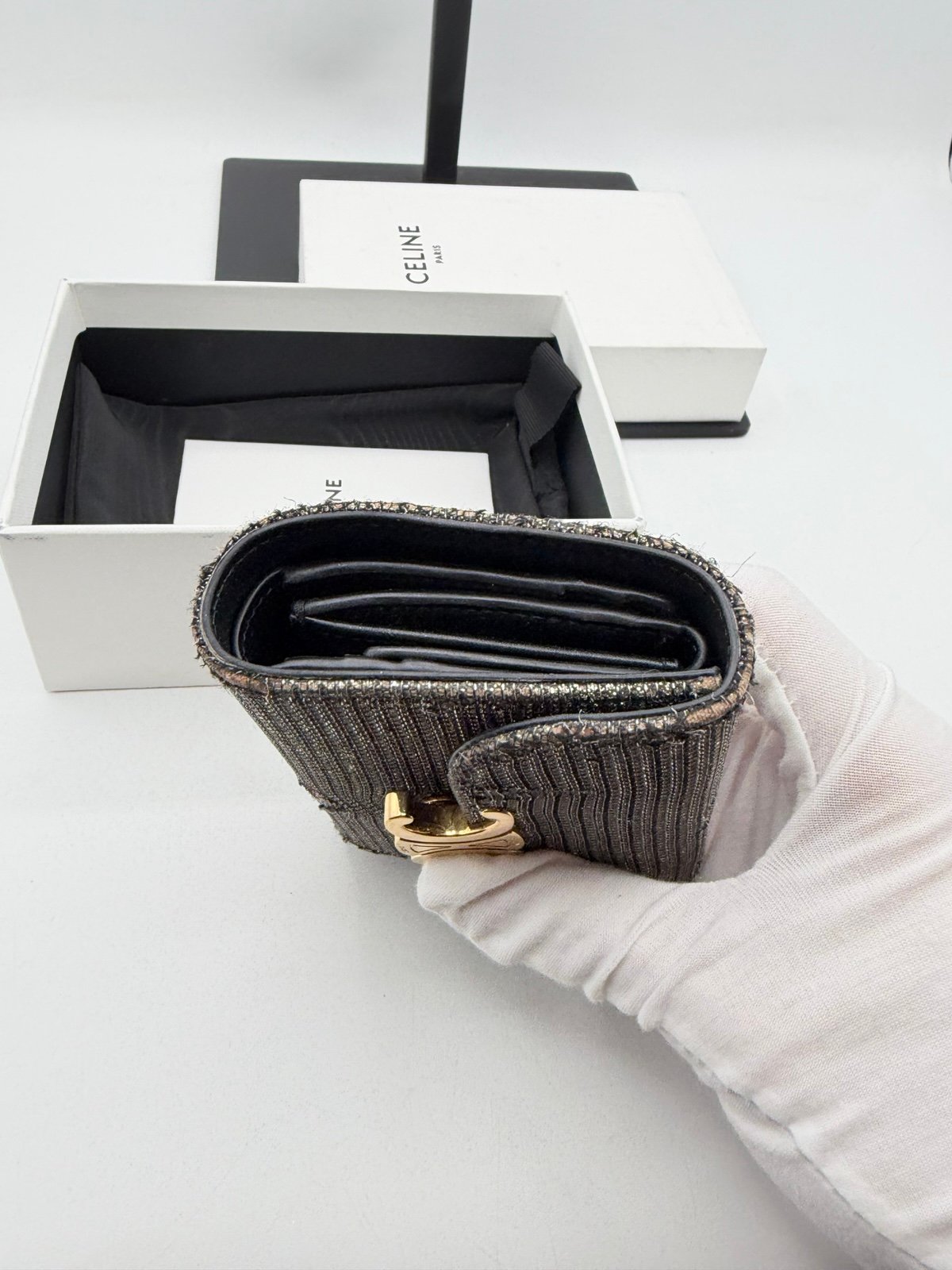 Pre-Owned Celine Triomphe Small Wallet in Metallic Tweed